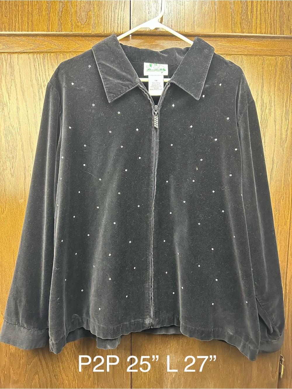 Black Velvet Zip-Front Jacket with Subtle Rhinestone Detail
